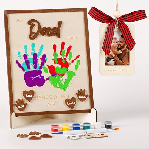 10" Best Dad Ever Hands Down DIY Frame Hand Print Kits with Acrylic Paint, Personalized Father Day Craft for Dad from Kids, Family Handprint Keepsake for Daddy, Papa from Son Daughter - color: Brown Set