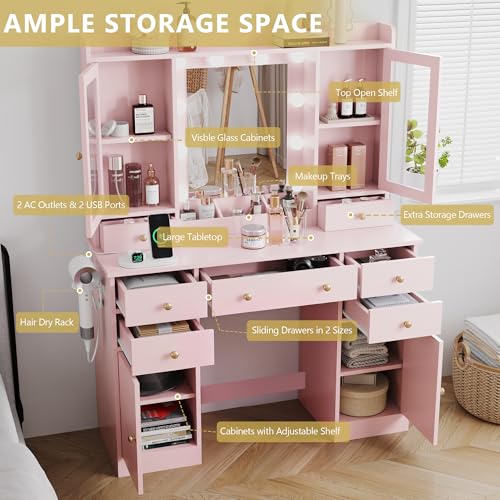Xixini 44" Vanity Desk with Mirror & Lights, Glass Storage Cabinets, Pink - color: Pink