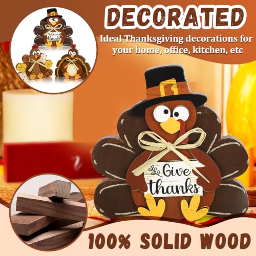3 Pcs Thanksgiving Decorations for Home Wooden Turkey Table Centerpiece Rustic Wood Signs Block Harvest Tabletop Fall Decor Indoor Tiered Tray Office Desk Shelf Mantel Kitchen Autumn Party Supplies