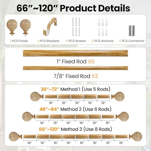 Ycolnaefllr 2Pack Wood Pinecone Curtain Rod, Farmhouse Heavy Duty, 66-120" - color: Wood, size: 36-120"(2 Pack)