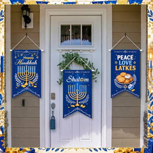 Tegeme 3 Pcs Hanukkah Door Sign Flag Chanukah Door Blue White Doors Banner - style: Chanukah