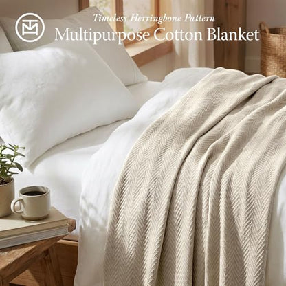 Threadmill Luxury 100% Cotton Twin Herringbone Blanket, Sand - color: Sand, size: Twin (68" x 92")