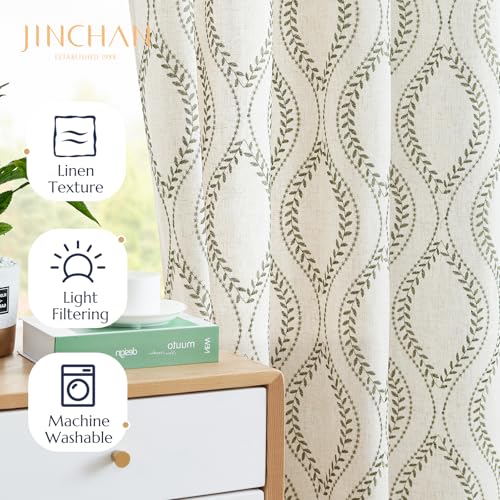 jinchan Boho Linen Curtains 63 Inch Green on Beige Grommet 2 Panels - color: Vine Green, size: 50"W x 63"L (Pack of 2)