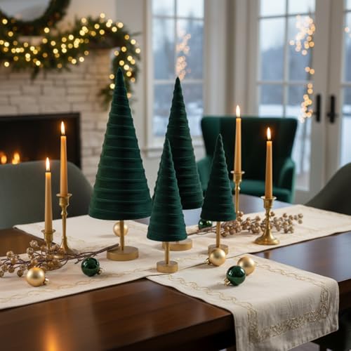 Hoolerry 4 Pcs Christmas Velvet Trees with Gold Pedestal, Green - color: Green