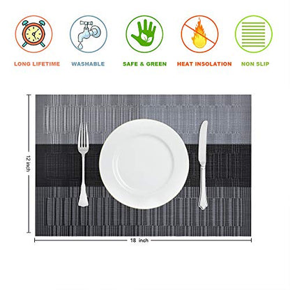 GIVERARE Placemats Set of 4, Heat-Resistant Woven Vinyl Placemat, Non-Slip Washable PVC Table Mat, Easy to Clean Premium Plastic Mats for Dining, Kitchen Table (Black+Gray) - color: Black+gray