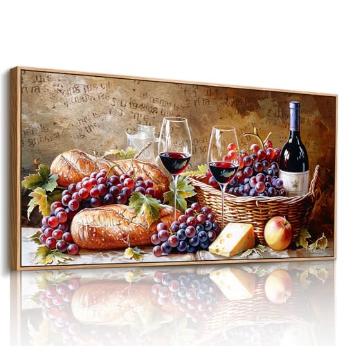 imjiayu Wine and Grapes Canvas Wall Art, Rustic Still Life Kitchen Print - color: Vintage Kitchen Food, size: 40"L x 20"W