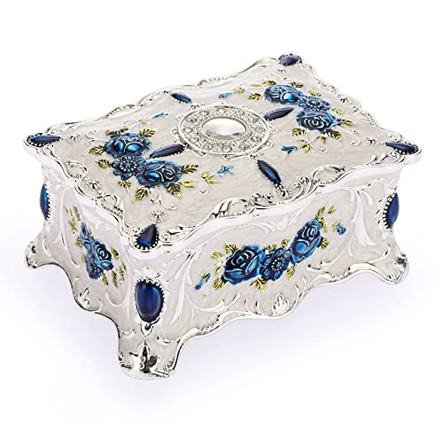 Hipiwe Vintage Metal Jewelry Box White Trinket Boxes Engraved Blue Pattern - color: Silvery white, size: Medium