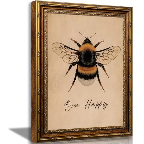 Gold Framed Canvas Wall Decor Vintage Bee Happy Painting Picture Art Rustic Cottagecore Bumblebee Insect Prints for Bee Lovers or Living Room Bedroom Kitchen Office Farmhouse 16x24 in - color: Bee, size: 16"L x 24"W