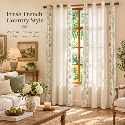 Beige linen blend brown embroidery Floral Grommet Curtains 55X83", 2 Panels - color: Grass Greenn, size: 55"W x 83"L (Pack of 2)