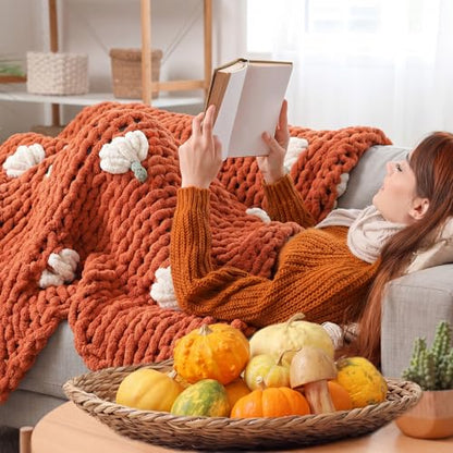 Mindsoft Fall Pumpkin Chunky Knit Throw Blanket 50" x 60",Burnt Orange - color: Burnt Orange, style: Pumpkin