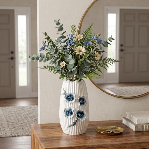 White Flower Vase, Boho Ceramic Vase for Living Room, 9 Inch - color: White and Dark Blue, size: 9 inch
