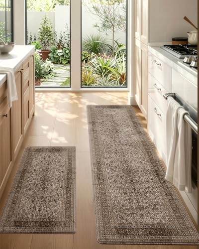 LUMI Kitchen Floor Mats Cushioned Anti Fatigue Set of 2,17"x30"+17"x59" - color: Brown & Olive, size: 59"L x 17"W x 0.4"Th + 30"L x 17"W x 0.4"Th