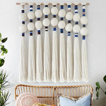 Macrame Wall Hanging Spherical Cotton Rope Woven Tassel Decor 27"W*29"L - color: White and Blue