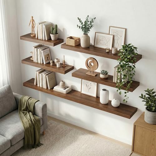 Venusmiles 12 inch Deep Floating Shelves for Wall, 72" Wide, Walnut, 2-Pack - color: Walnut Finish, size: 72"w x 12"d, 2p