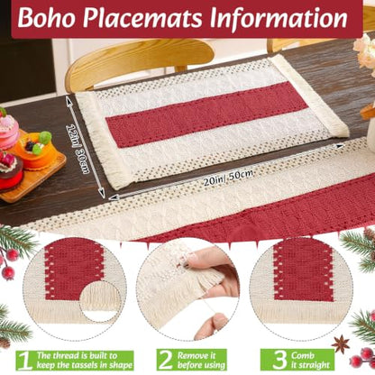 Boho Table Runner and Placemats Set, 6 Sets, Red B, 12x72 - color: Red B, size: 12x72"