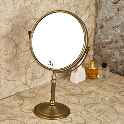 Leyden Antique Brass Makeup Mirror, 3X Magnifying Vanity Mirror Tabletop Double Side 7.8 Inch Bathroom Hardware Accessories
