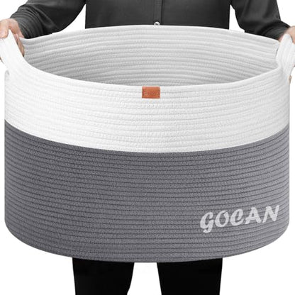 Cotton Rope Woven Laundry Basket 22"X 22"X 14" with handles XXXL - color: LigheGrey