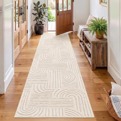 Etwel 2x8 Beige Modern Geometric Textured High-Low Pile Washable Runner Rug - color: Neutral Beige, size: 2' x 8'