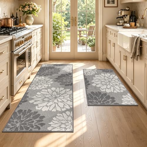 Findosom Kitchen Rugs Sets of 2, Floral Washable Kitchen Runner Rug, Gray - color: Grey, size: 24" x 36" + 24" x 71"