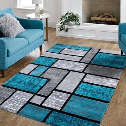 Modern Luna 3995 Geometric Living Room Rug - Area Rugs for Living Room Dining & Bedroom - Hand Carved Runner Carpet - Durable Polyester - Non-Fade Stain-Resistant - Turkish Made - color: Turquoise, size: 5' x 7' (Rectangular)