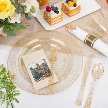 WELLIFE 210Pcs Gold Glitter Dinnerware Set, Gold Glitter Disposable Dinnerware for 30 Guests, Include: 30Dinner Plates, 30Dessert Plates, 90Gold Glitter Silverware, 30 Cups, 30 Paper Napkins - color: Gold Glitter, style: 210PCS（30 Guests）