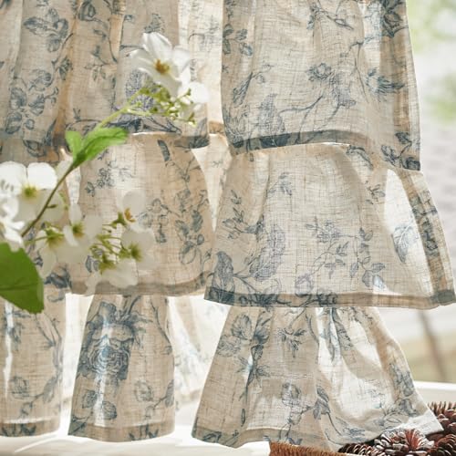 jinchan Amlie Ruffled Floral Valance Curtain 1 Panel 18 Inch Blue on Linen - color: Amlie Blue on Linen