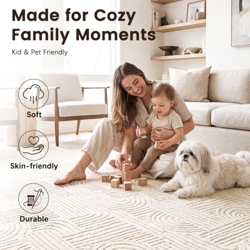 Etwel 5x7 Beige Modern Geometric Textured High-Low Pile Washable Area Rug - color: Neutral Beige, size: 5' x 7'