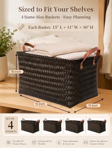 Wicker Storage Baskets, 4 Pack Woven Baskets for Shelves, Dark Gold - color: Rectangle Dark Gold