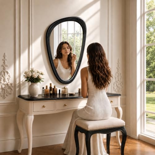 30" x 20" Asymmetrical Mirror, Solid Wood Frame, Irregular Design - color: Black, size: 30"L x 20"W