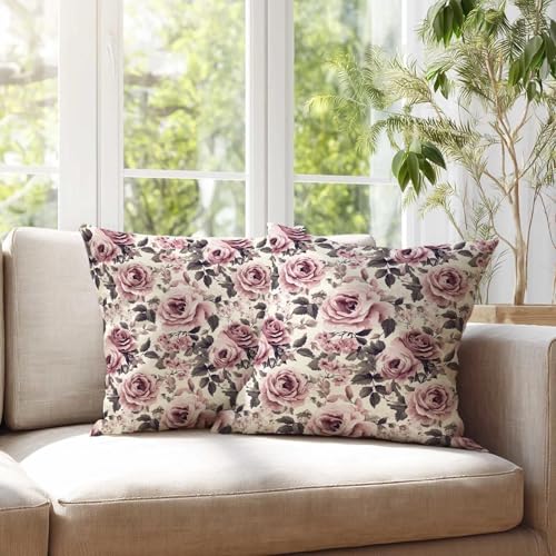 Dusty Rose Vintage Floral Throw Pillow Covers 18x18 Set of 2, Mauve Rose Botanical Decorative Cushion Covers, French Country Pillow Cases for Couch Sofa Bedroom Living Room Decor - color: Antique Rose