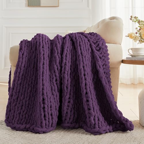 Carriediosa Chunky Knit Throw Blanket 60 x 80, 100% Hand Made, Dark Purple - color: Dark Purple, size: 60" X 80"