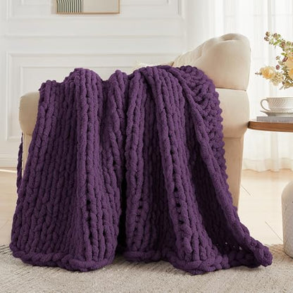 Carriediosa Chunky Knit Throw Blanket 60 x 80, 100% Hand Made, Dark Purple - color: Dark Purple, size: 60" X 80"