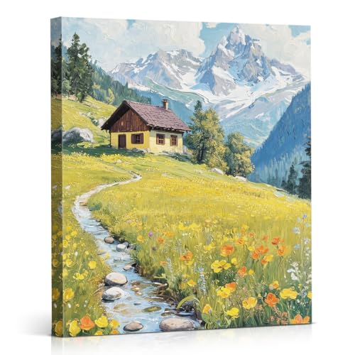 APOHBGV Mountain Landscape Canvas Wall Art Decor, Alpine Meadow River Scenery Oil Painting Artwork, Nature Mountain View for Living Room Bedroom Office Home Decoration, 8x10 Inch - color: Home18