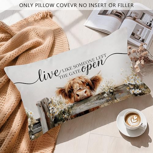 Highland Cow Farmhouse Throw Pillow Covers 12x20, Rustic Cow Decor Decorative Lumbar Pillow Cover Cases, Live Like Someone Left The Gate Open Decor Cushion Cover Pillowcases for Living Room