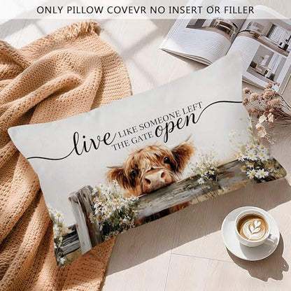 Highland Cow Farmhouse Throw Pillow Covers 12x20, Rustic Cow Decor Decorative Lumbar Pillow Cover Cases, Live Like Someone Left The Gate Open Decor Cushion Cover Pillowcases for Living Room