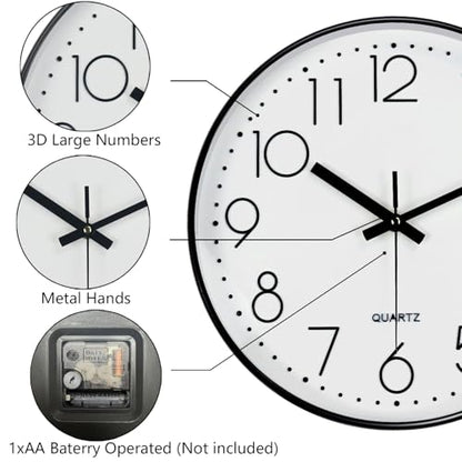 Silent Wall Clocks Battery Operated 8 Inch, Analog Wall Clock with Oversized Number Tempered Glass Clock Face, Black Quartz Non Ticking Wall Clocks for Living Room Bedroom Kitchen Office - color: White, size: 8 Inch