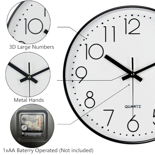 Modern Silent Wall Clock - 12 Inch Wall Clocks Battery Operated Large Number, Non-Ticking Analog Clock with Tempered Glass Quartz Clocks for Living Room Bedroom Office Kitchen, White Black - color: White, size: 12 Inch