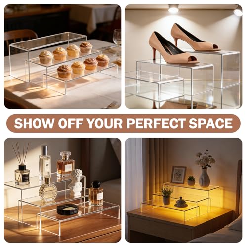 Lagre Acrylic Risers Display Stand - 3 Tier Clear Perfume Shelf Organizer, Cupcake Stand Holder, Tiered Dessert Display Table Set, Buffet Food Risers for Party and Event,Showcase Figurine, Collectible