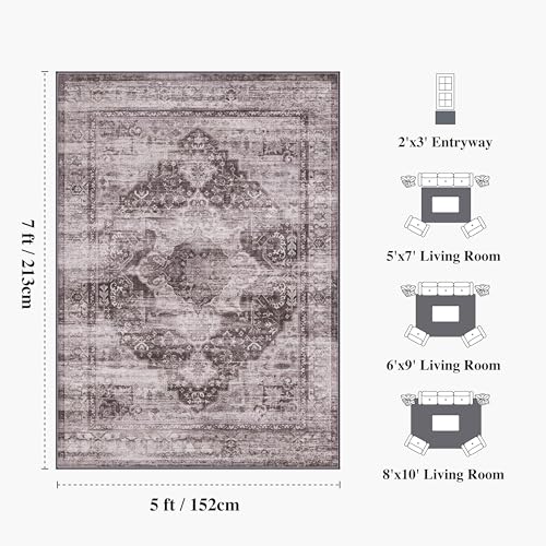 5x7 Washable Vintage Area Rug - Distressed Living Room Rug Non-Slip Soft Indoor Carpet Stain Resistant Floor Rug for Bedroom Playroom Dining Room Office, Black - color: Brown, size: 5' x 7' (Rectangular)