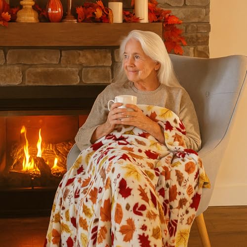 Fall Leaves Soft Fleece Throw Blanket, Red Yellow Brown Beige Colors, 50x70 - color: Colorful Leaves