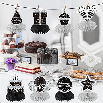 Black White Silver Birthday Decorations Honeycomb Centerpiece for Women Men