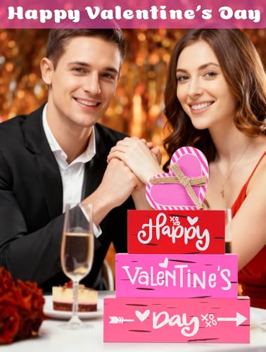 Valentine’s Day Wooden Sign, Happy Valentine Table Decor for Mantle, Farmhouse Rustic Tiered Tray Home Shelf Decorations - size: valentines day