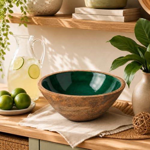 Green Wooden Decorative Bowl, Mango Wood Bowl Decor, High-Gloss Interior