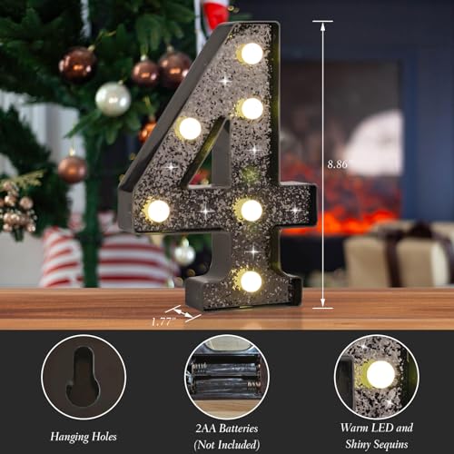 Black Glitter LED Marquee Number 4, Warm White Light Decor Sign - size: Number-4