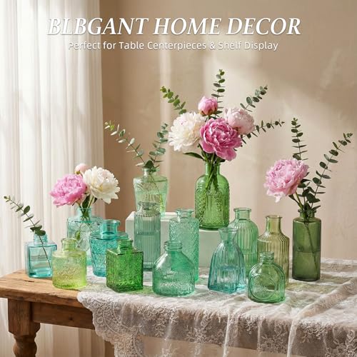 Set of 15 Green Glass Bud Vases Small Textured Flower Vases - color: Green