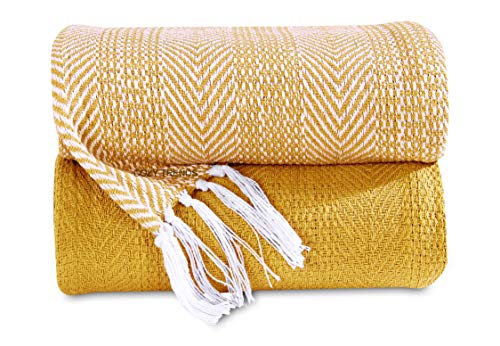 Luxurious Hand Woven Cozy Warm Combed Cotton All Season Indoor Outdoor Light Weight Fade Resistant Couch Chair Bed Throw Blankets Batik 50x60 Inch Set of 2 (Yellow) - color: Yellow