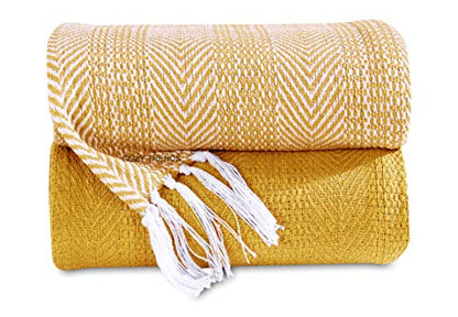 Luxurious Hand Woven Cozy Warm Combed Cotton All Season Indoor Outdoor Light Weight Fade Resistant Couch Chair Bed Throw Blankets Batik 50x60 Inch Set of 2 (Yellow) - color: Yellow