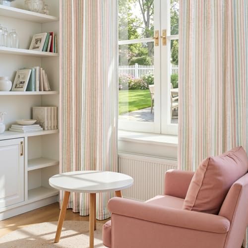 jinchan Linen Curtains 96 inch Candy Stripe for Kids Room Grommet 2 Panels - color: Candy on Flax, size: 50"W x 96"L (Pack of 2)