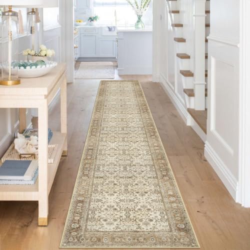 SIILOOM 2.6x16 Washable Runner Rug, Non Slip Area Rug for Hallway Kitchen - color: Beige/Brown, size: 2'7" x 16' (Runner)