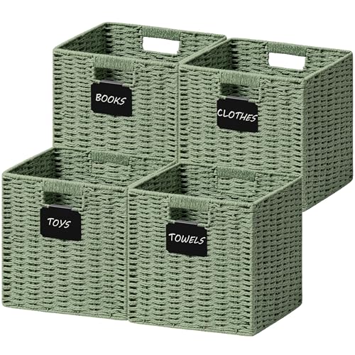 UBBCARE 4 Pack Wicker Basket, 12×12 Storage Cubes with Label, Foldable Cube Storage Bin with Handle, Square Storage Basket for Shelves, Woven Paper Rope Basket for Organizing, Dark Green - color: Green, size: 4pack-12L×12H×11.2W